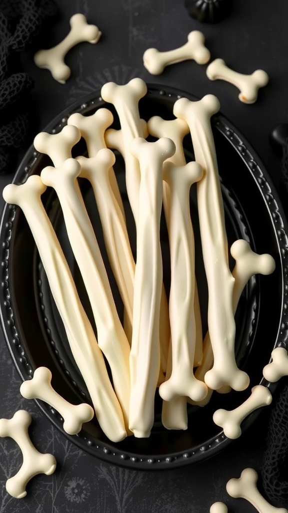 Chocolate dipped pretzel sticks shaped like bones on a black plate