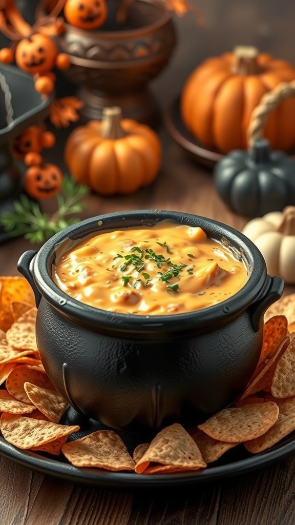A black cauldron filled with cheesy dip surrounded by tortilla chips, with Halloween decorations in the background.