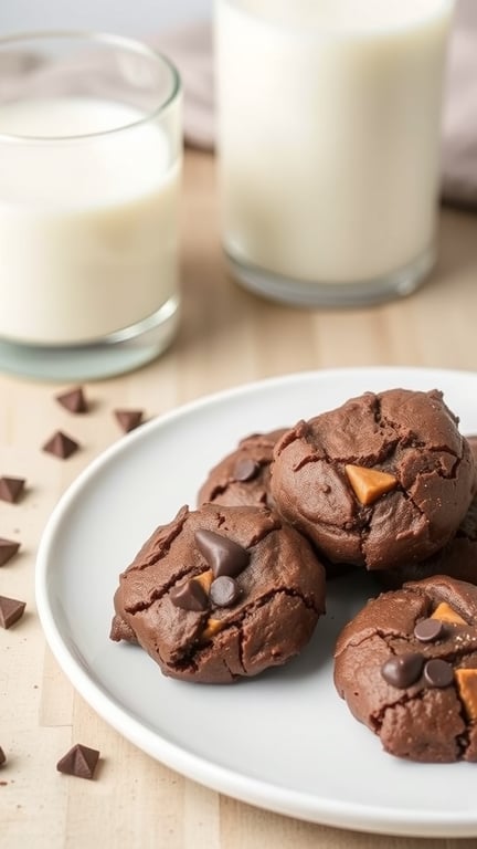 A plate of chocolate peanut butter no-bake cookies with chocolate and peanut butter chips, accompanied by glasses of milk.