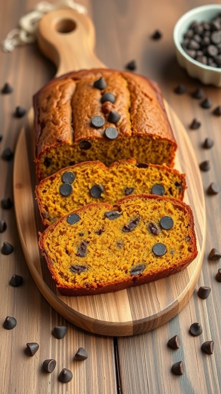 Sliced chocolate chip pumpkin bread on a wooden cutting board, with chocolate chips scattered around.