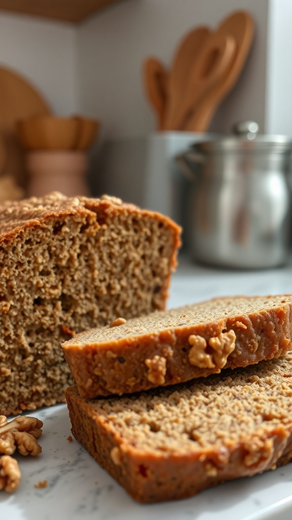 A loaf of nutty banana bread with slices cut, showcasing walnuts inside.