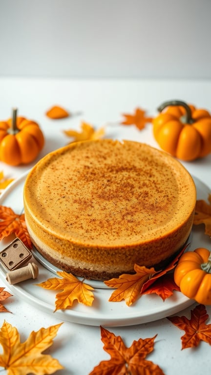A pumpkin spice cheesecake surrounded by autumn leaves and small pumpkins.