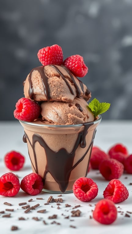 A bowl of chocolate raspberry truffle ice cream topped with fresh raspberries and chocolate sauce, surrounded by raspberries and chocolate shavings.