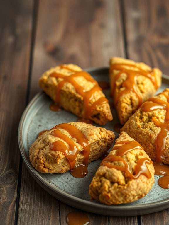 A plate of pumpkin scones drizzled with maple glaze on a wooden table.