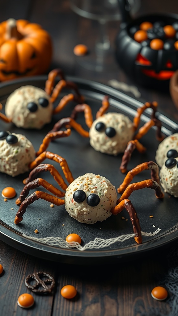 A plate of cheese balls shaped like spiders with pretzel legs and olive eyes, surrounded by Halloween decorations.