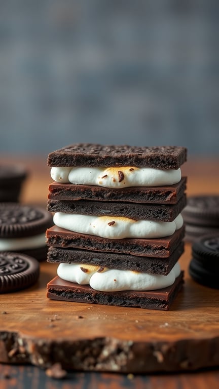 Stack of Oreo S'mores Cookie Bars with melted marshmallows and chocolate