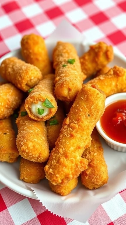 A plate of crispy mozzarella sticks served with marinara sauce on a checkered tablecloth.