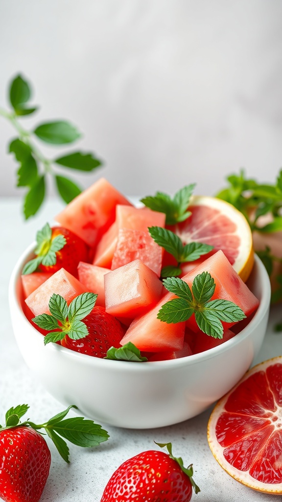 A bowl of pink fruit salad with watermelon and strawberries, garnished with mint leaves.