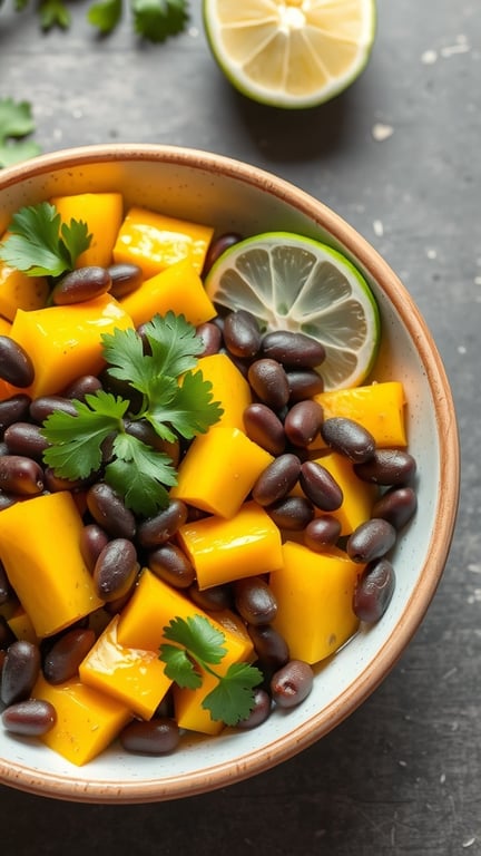 A bowl of mango and black bean salad with cilantro and lime slices.