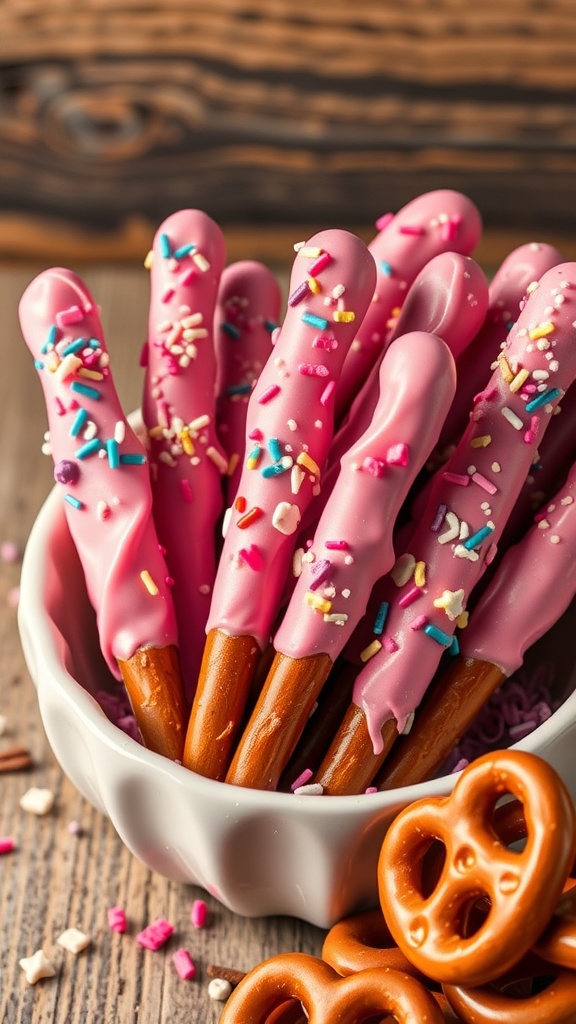 A bowl of pink chocolate dipped pretzels decorated with colorful sprinkles