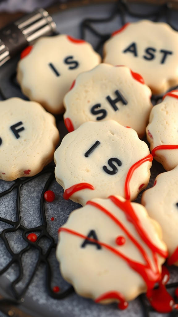 A plate of Vampire Bite Cookies with red icing and letters on top, set on a spider web design.