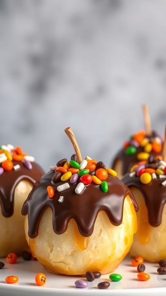 Plate of haunted apple nachos with chocolate drizzle and colorful sprinkles