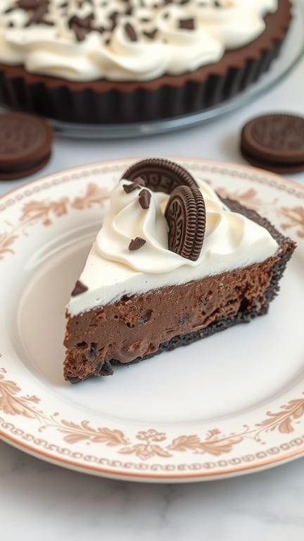 A slice of Oreo pie on a decorative plate with whipped cream and Oreo pieces.