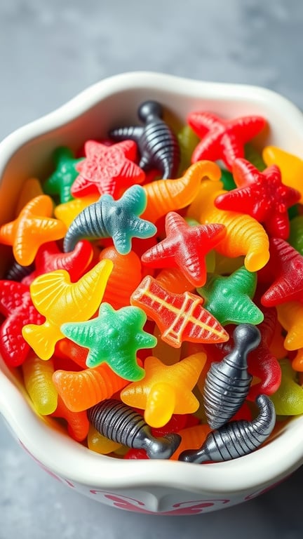 A bowl filled with colorful gummy sea animals including fish, starfish, and turtles.