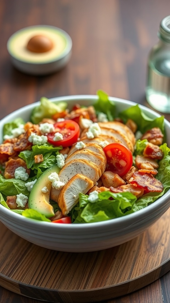 A bowl of Cobb Salad with grilled chicken, bacon, tomatoes, avocado, and blue cheese on a wooden board.