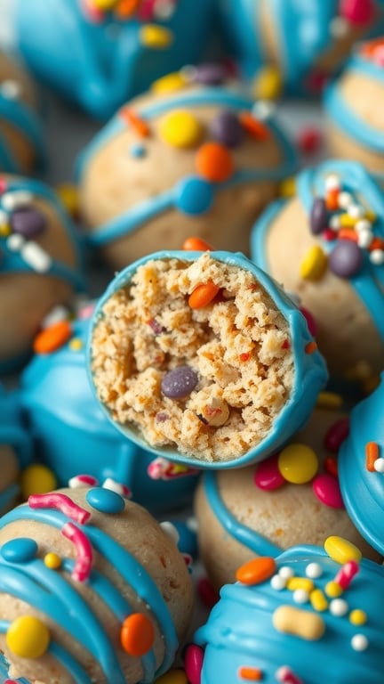 A pile of colorful Monster Cookie Dough Truffles, with one cut in half to show the cookie dough center.