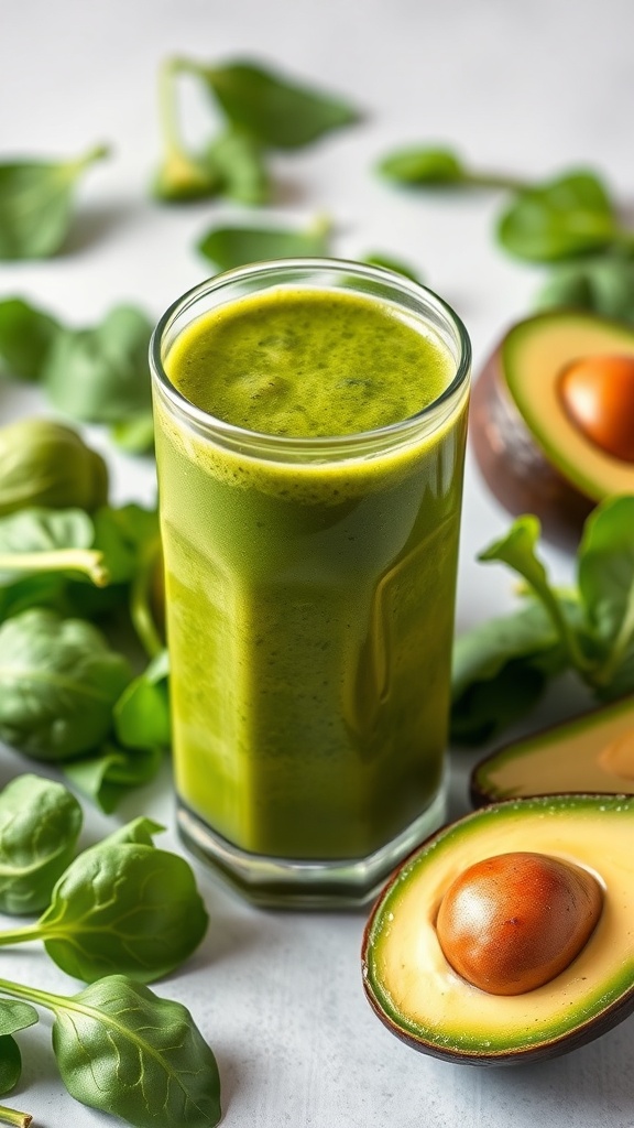 A refreshing green keto smoothie made with spinach and avocado, served in a glass with fresh spinach leaves and half an avocado in the background.