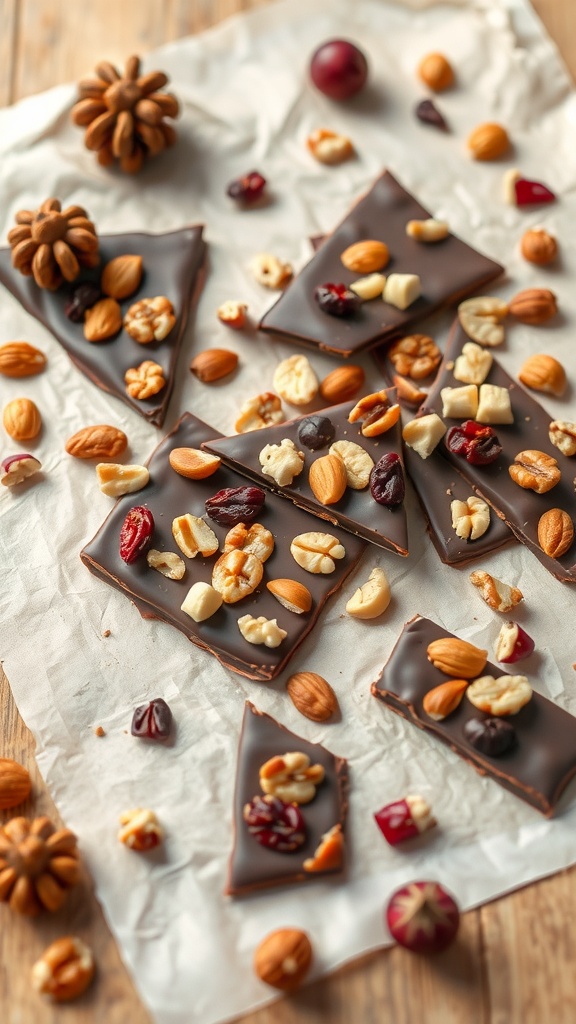 Sugar-free chocolate bark with nuts and dried fruits on parchment paper