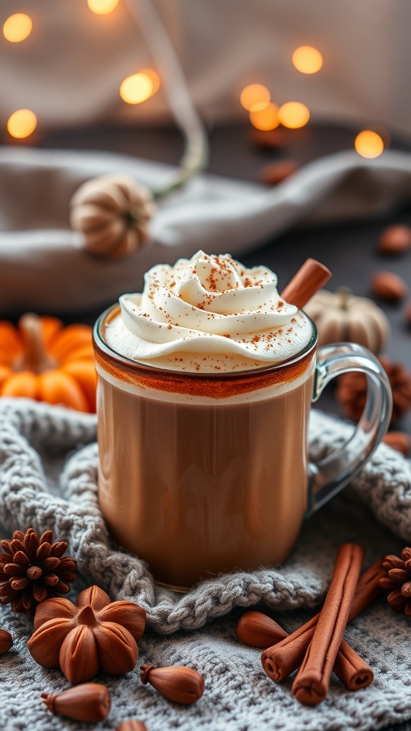 A cozy cup of pumpkin spice latte topped with whipped cream and cinnamon, surrounded by autumn decorations.