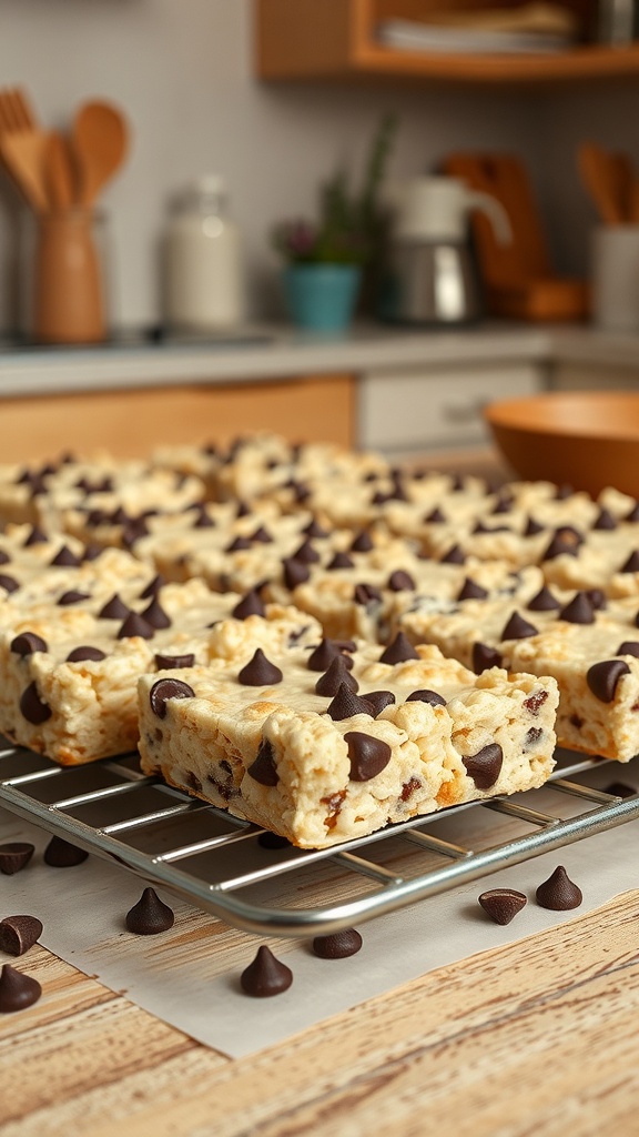 A batch of Chocolate Chip Rice Krispie Treats on a cooling rack, topped with chocolate chips.