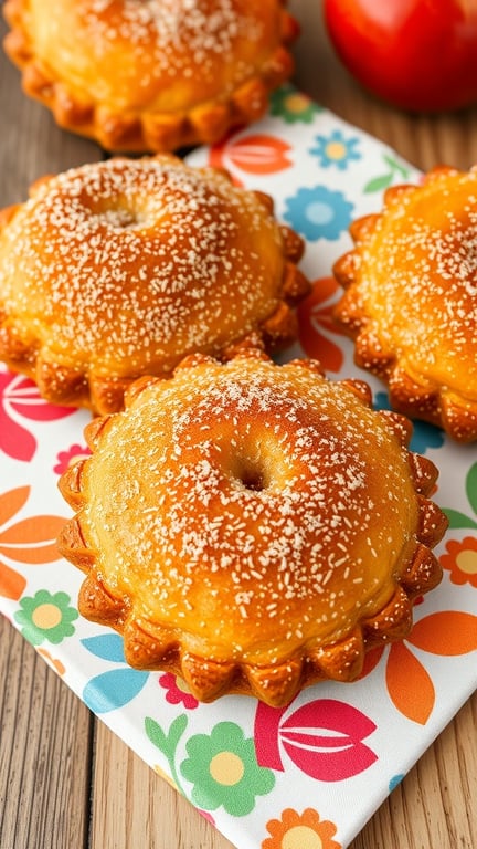 Golden brown fried apple pies with cinnamon sugar on a colorful floral napkin