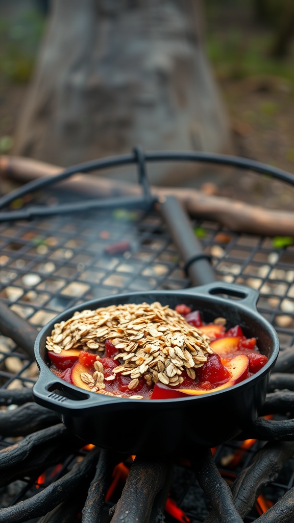 A cast-iron skillet filled with fruit and topped with oats, cooking over a campfire.
