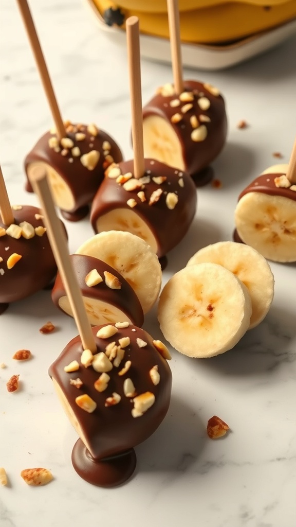 Frozen banana bites dipped in chocolate with nuts on top