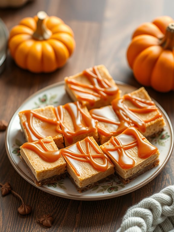 A plate of pumpkin caramel cheesecake bars drizzled with caramel sauce, surrounded by small pumpkins.