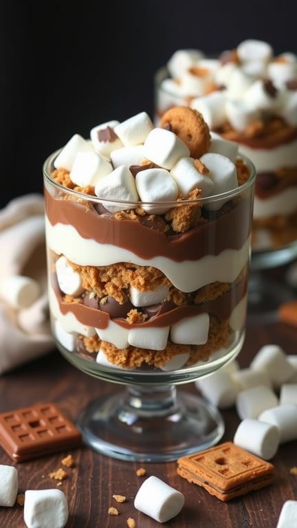 A delicious S'mores Cookie Trifle with layers of chocolate, whipped cream, and graham crackers topped with marshmallows.