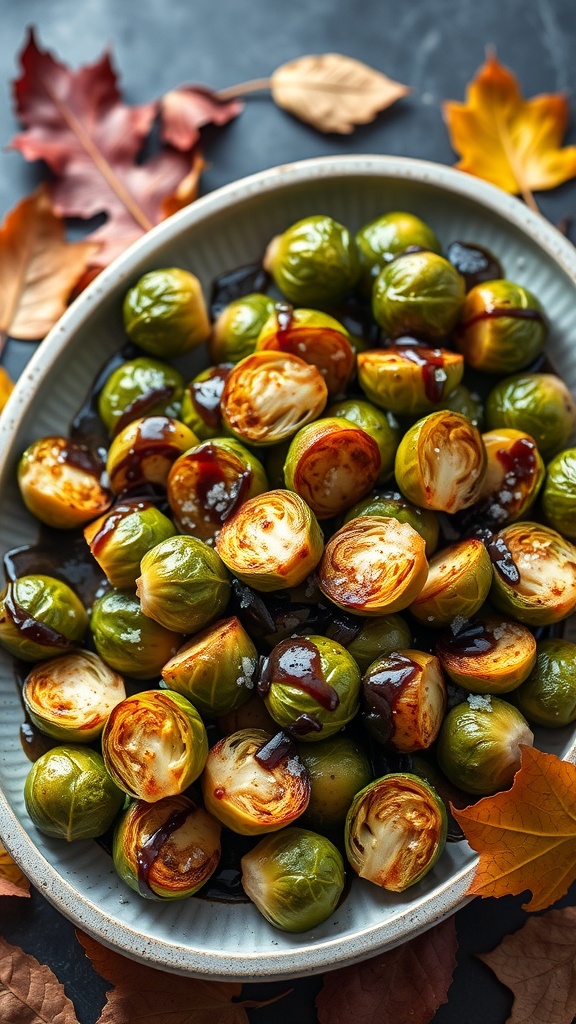 A plate of crispy roasted Brussels sprouts garnished with balsamic glaze and surrounded by autumn leaves.