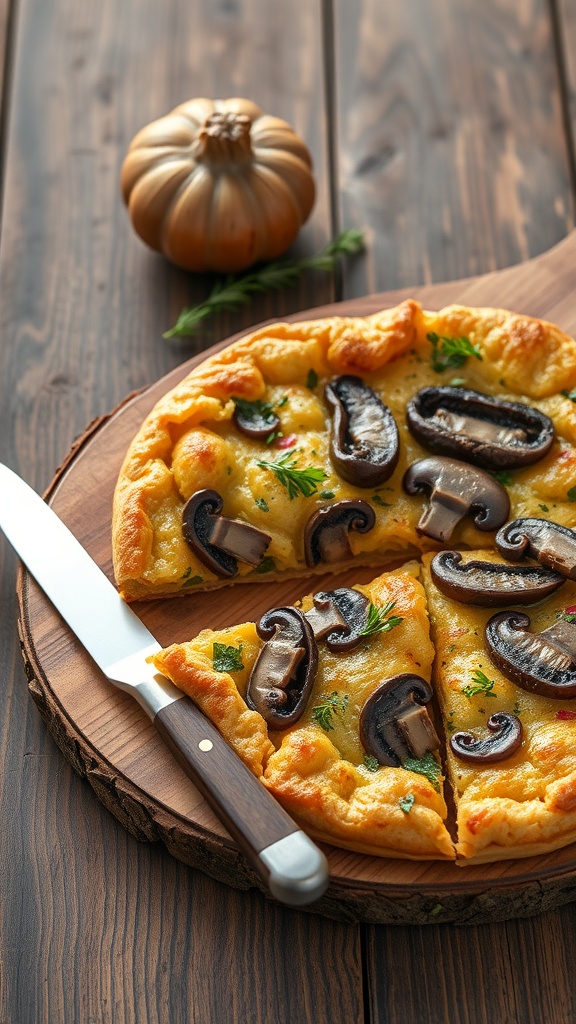 A savory mushroom tart on a wooden cutting board, with a knife beside it and a decorative pumpkin in the background.