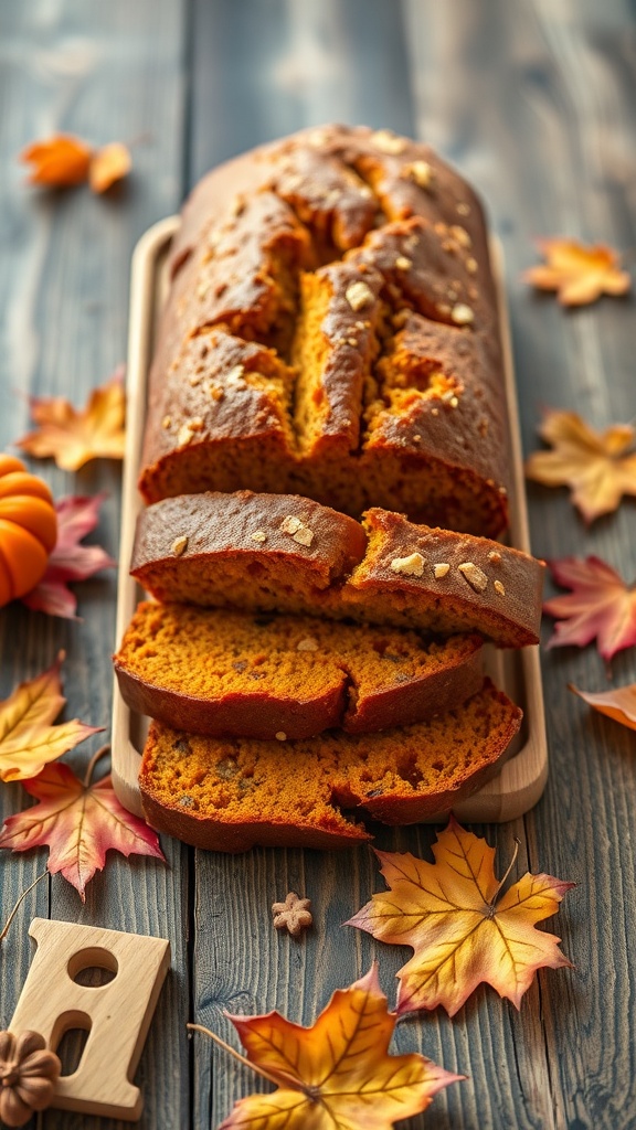A freshly baked spiced pumpkin bread loaf sliced on a wooden board, surrounded by autumn leaves and a small pumpkin.