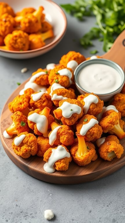 A plate of cauliflower buffalo bites drizzled with ranch dressing, garnished with parsley.