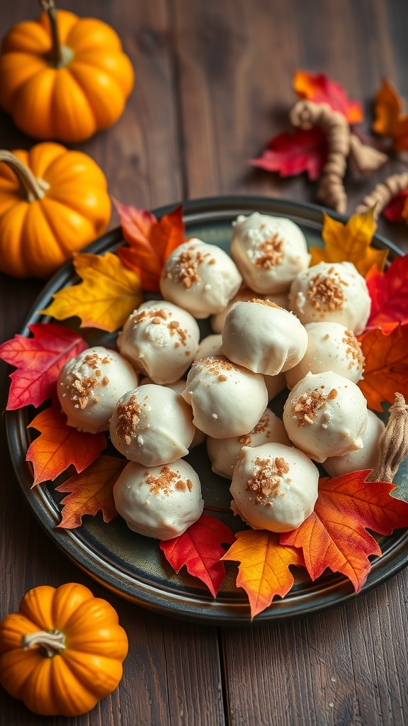 A plate of pumpkin spice truffles surrounded by autumn leaves and small pumpkins