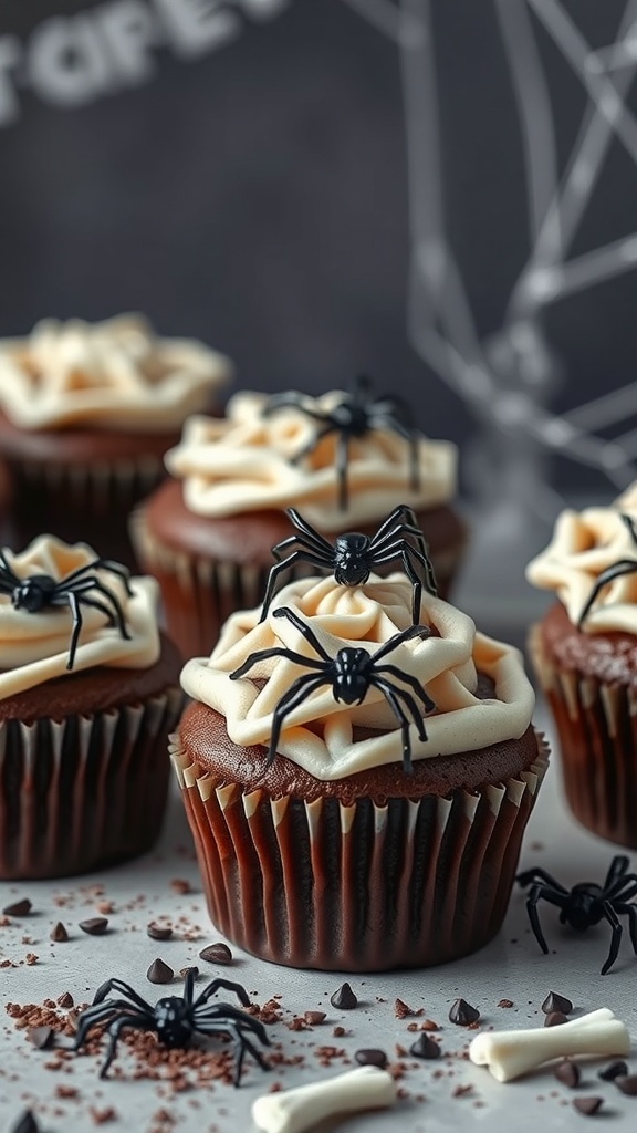 Spider web cupcakes with chocolate frosting and plastic spiders on top.