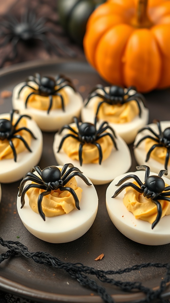 A plate of deviled eggs decorated with plastic spiders for Halloween.