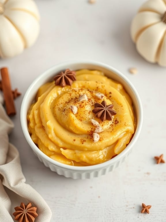 A bowl of creamy pumpkin rice pudding topped with spices and nuts, surrounded by decorative pumpkins.
