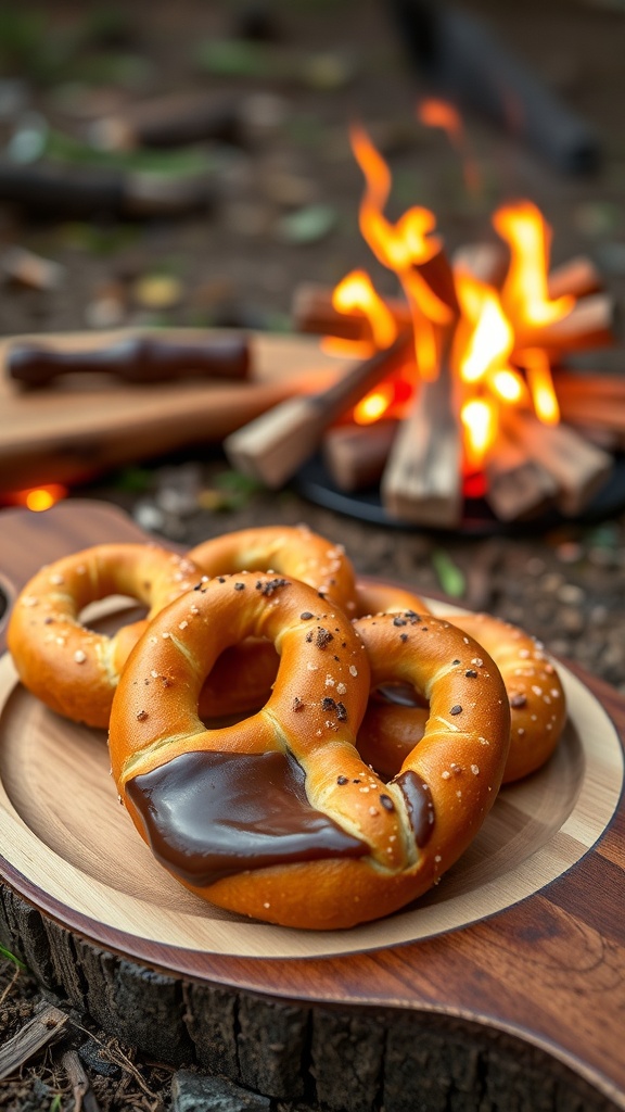 Nutella stuffed pretzels on a wooden plate with a campfire in the background