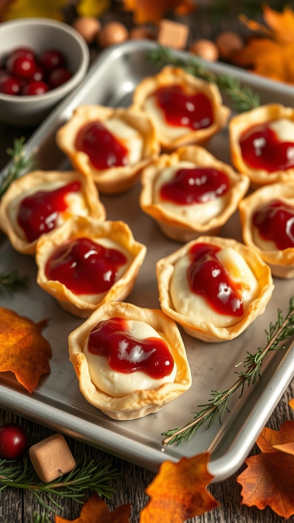 A tray of cranberry brie bites topped with cranberry sauce, surrounded by fall leaves and decorative elements.