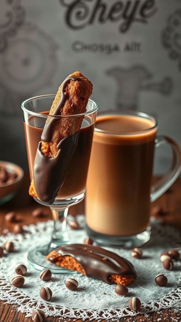 Chocolate-dipped biscotti with coffee