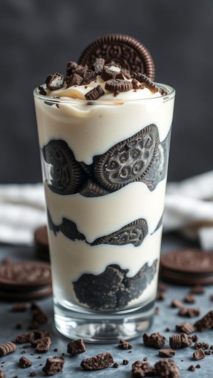 A glass of Oreo pudding parfait layered with vanilla pudding and crushed Oreos, topped with whipped cream and cookie crumbles.