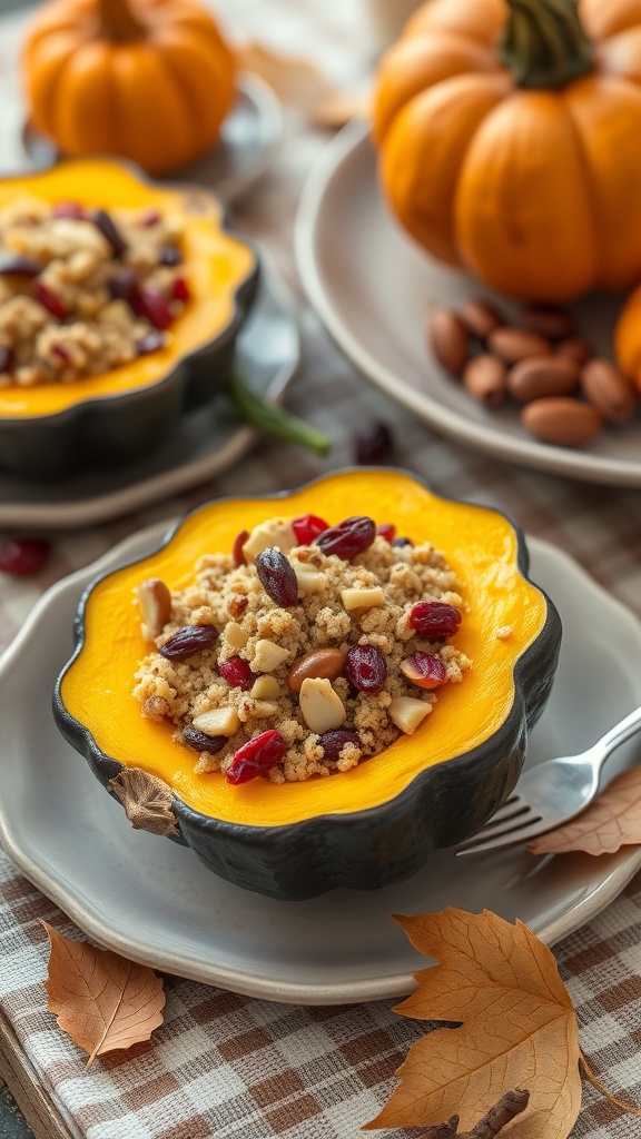 Stuffed acorn squash with a colorful filling of nuts and grains, surrounded by small pumpkins and autumn leaves.
