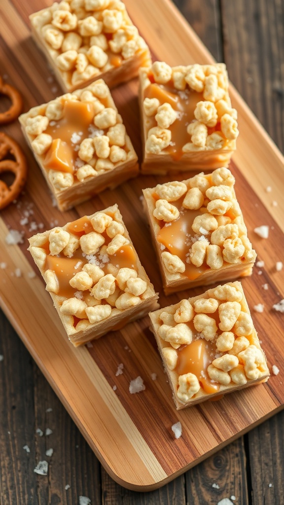 Salted Caramel Pretzel Rice Krispie Treats on a wooden board