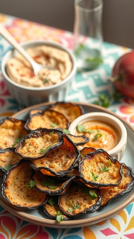 A plate of crispy eggplant chips served with hummus