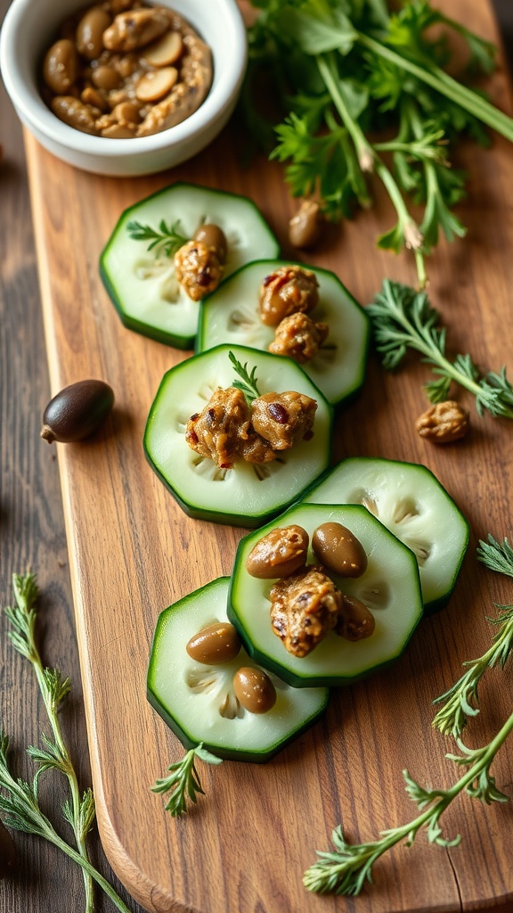 Olive tapenade served on cucumber slices with herbs on a wooden board.