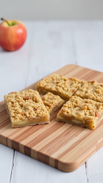Apple crumble bars on a wooden board with a fresh apple in the background.