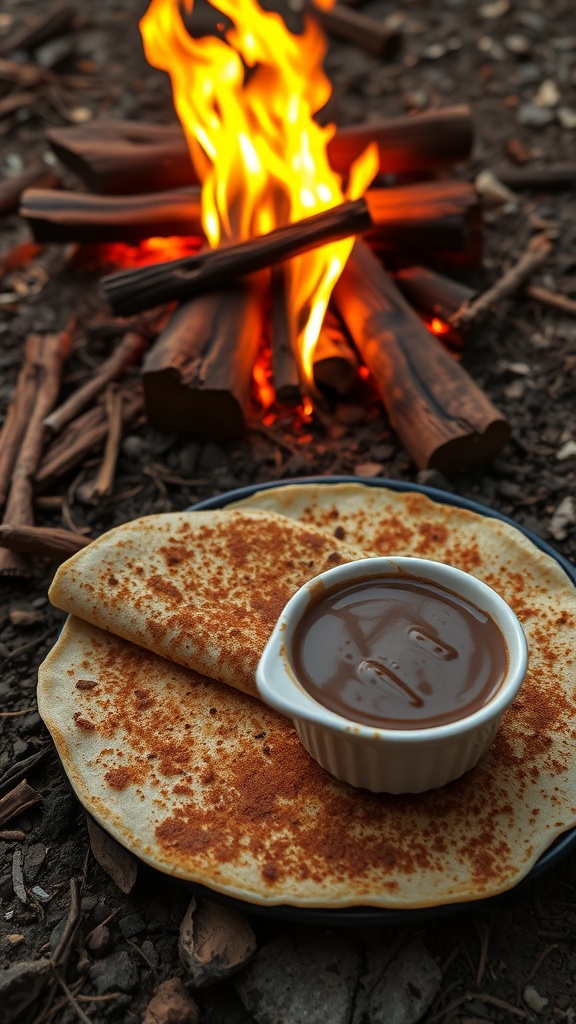 A plate with a cinnamon sugar tortilla and a small bowl of chocolate sauce, with a campfire in the background.