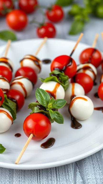 Caprese skewers with cherry tomatoes, mozzarella balls, and basil drizzled with balsamic glaze on a white plate.