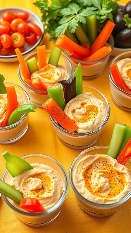 Colorful veggie cups with hummus, featuring bell peppers, celery, and carrots.
