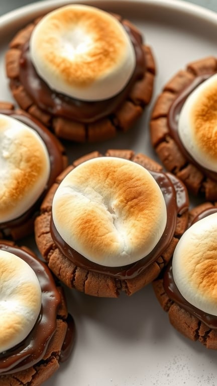 A plate of Classic Chocolate S'mores Cookies topped with toasted marshmallows and chocolate.